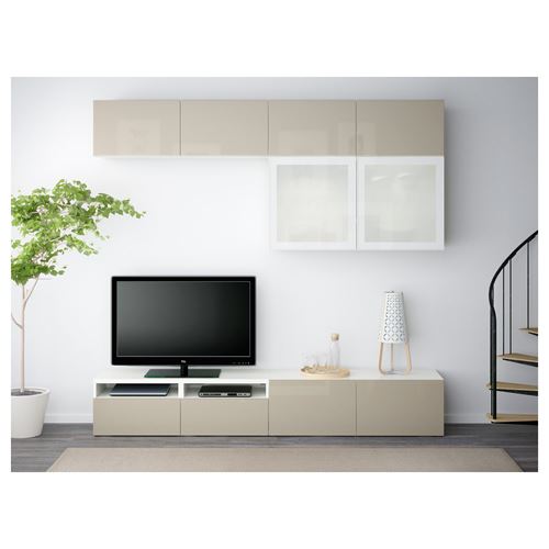 IKEA - BESTA, tv storage unit, white/high-gloss/beige/frosted glass, 240x42x231 cm