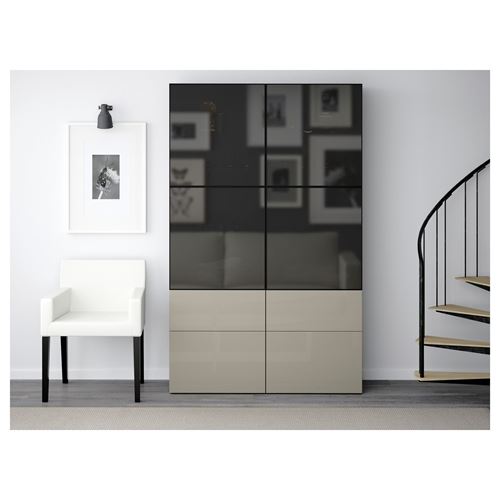 IKEA - BESTA, storage combination, black-brown/high-gloss/beige/smoked glass, 120x40x192 cm