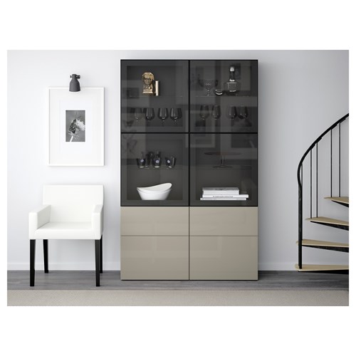 IKEA - BESTA, storage combination, black-brown/high-gloss/beige/clear glass, 120x40x192 cm