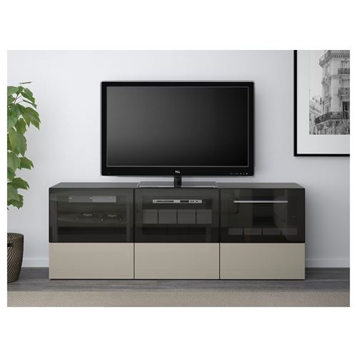 IKEA - BESTA, tv bench, black-brown/high-gloss/beige/clear glass, 180x40x64 cm