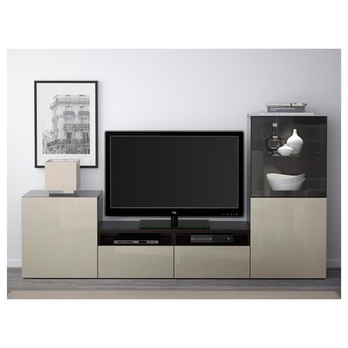 IKEA - BESTA, tv storage unit, black-brown/high-gloss/beige/clear glass, 240x40x128 cm