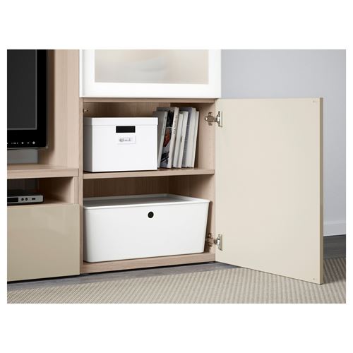 IKEA - BESTA, tv ünitesi, ağartılmış meşe görünümlü-parlak cila-bej-buzlu cam, 240x40x128 cm