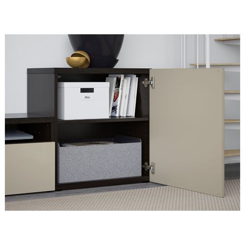 IKEA - BESTA, tv storage unit, black-brown/high-gloss/beige/smoked glass, 300x42x211 cm