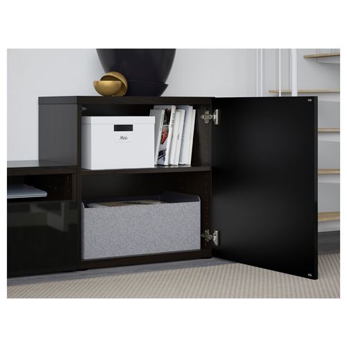 IKEA - BESTA, tv storage unit, black-brown/high-gloss/black/clear glass, 300x42x211 cm