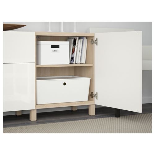 IKEA - BESTA, storage combination, white stained oak effect/high-gloss/white, 180x42x74 cm