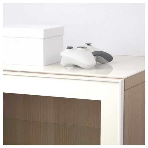 IKEA - BESTA, tv bench, white stained oak effect/high-gloss/white/clear glass, 180x40x74 cm