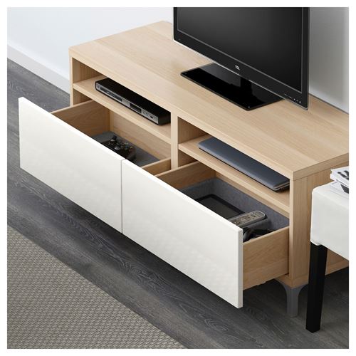 IKEA - BESTA, tv bench, white stained oak effect/high-gloss/white, 120x40x48 cm