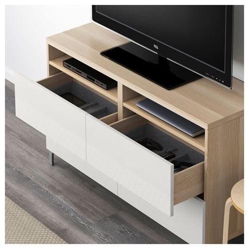 IKEA - BESTA, tv bench, white stained oak effect/high-gloss/white, 120x40x74 cm