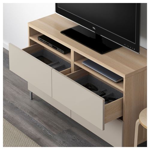 IKEA - BESTA, tv bench, white stained oak effect/high-gloss/beige, 120x40x74 cm