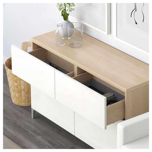 IKEA - BESTA, storage combination, white stained oak effect/high-gloss/white, 120x40x74 cm