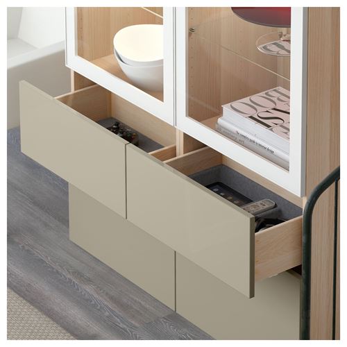 IKEA - BESTA, storage combination, white stained oak effect/high-gloss/beige/clear glass, 120x40x128 cm