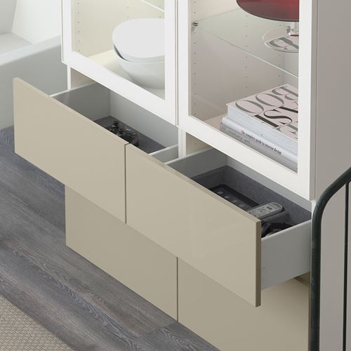 IKEA - BESTA, storage combination, white/high-gloss/beige/clear glass, 120x40x128 cm