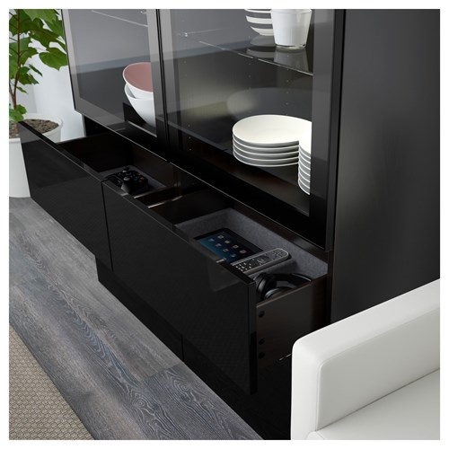 IKEA - BESTA, storage combination, black-brown/high-gloss/black/clear glass, 120x40x128 cm