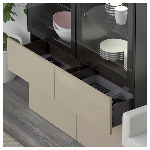 IKEA - BESTA, storage combination, black-brown/high-gloss beige/glass/soft-closing rail, 120x40x128 cm