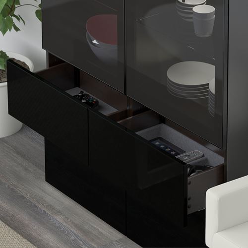 IKEA - BESTA, storage combination, black-brown/high-gloss/black/smoked glass, 120x40x128 cm