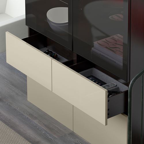 IKEA - BESTA, storage combination, black-brown/high-gloss/beige/smoked glass, 120x40x128 cm