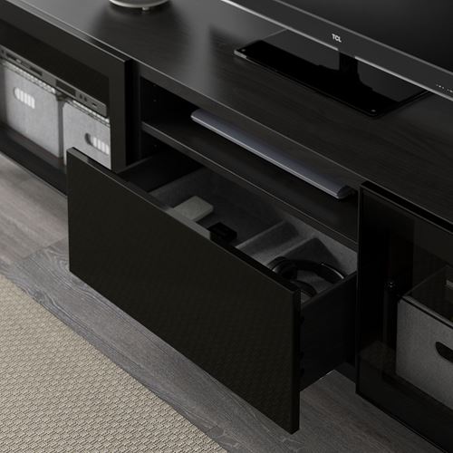 IKEA - BESTA, tv bench, black-brown/high-gloss/black/clear glass, 180x42x48 cm