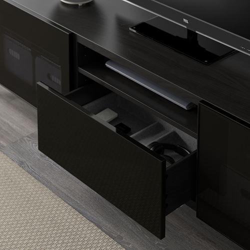 IKEA - BESTA, tv bench, black-brown/high-gloss/black/smoked glass, 180x42x48 cm