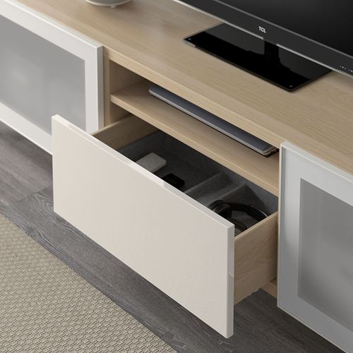 IKEA - BESTA, tv bench, white stained oak effect/high-gloss/white/frosted glass, 180x42x48 cm