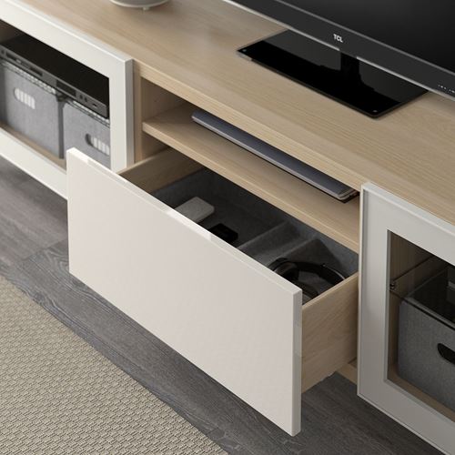 IKEA - BESTA, tv bench, white stained oak effect/high-gloss/white/clear glass, 180x42x48 cm