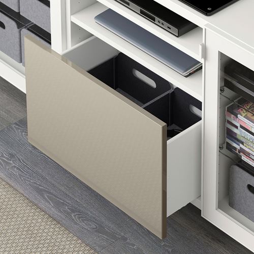 IKEA - BESTA, tv sehpası, beyaz-parlak cila-bej-şeffaf cam, 180x42x74 cm