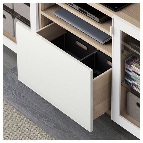 IKEA - BESTA, tv bench, white stained oak effect/high-gloss/white/clear glass, 180x40x74 cm