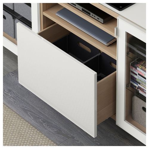 IKEA - BESTA, tv bench, white stained oak effect/high-gloss/white/clear glass, 180x40x74 cm