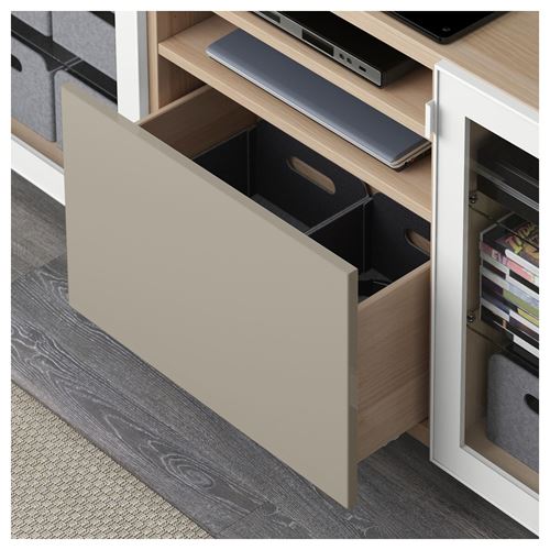 IKEA - BESTA, tv bench, white stained oak effect/high-gloss/beige/clear glass, 180x40x74 cm