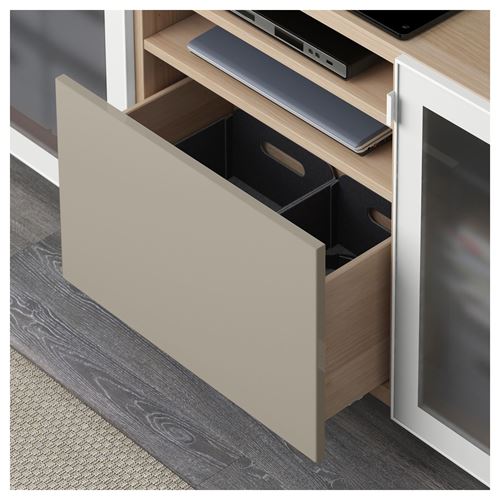 IKEA - BESTA, tv bench, white stained oak effect/high-gloss/beige/frosted glass, 180x40x74 cm