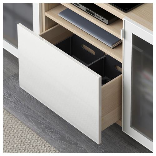 IKEA - BESTA, tv bench, white stained oak effect/high-gloss/white/frosted glass, 180x40x74 cm