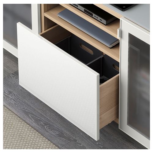 IKEA - BESTA, tv bench, white stained oak effect/high-gloss/white/frosted glass, 180x40x74 cm