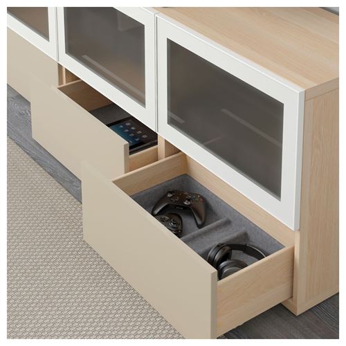 IKEA - BESTA, tv sehpası, ağartılmış meşe görünümlü-parlak cila-bej-buzlu cam, 180x40x64 cm