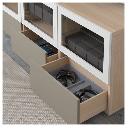 IKEA - BESTA, tv sehpası, ağartılmış meşe görünümlü-parlak cila-bej-şeffaf cam, 180x40x64 cm