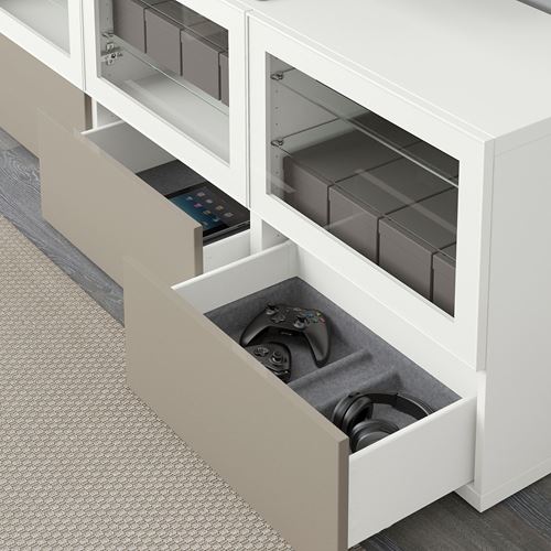 IKEA - BESTA, tv sehpası, beyaz-parlak cila-bej-şeffaf cam, 180x40x64 cm