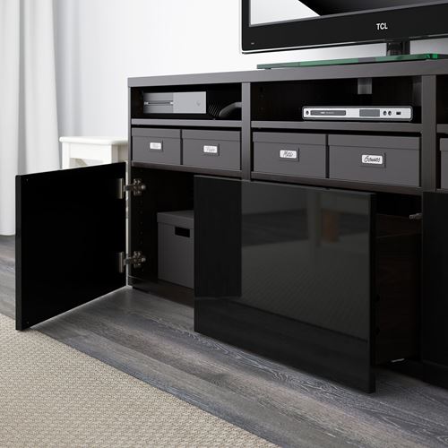 IKEA - BESTA, tv storage unit, black-brown/black/clear glass, 180x42x192 cm