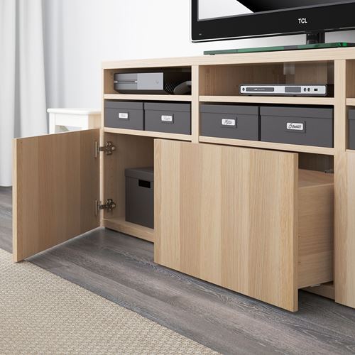 IKEA - BESTA, tv storage unit, white stained oak effect/white stained oak eff/clear glass, 180x42x192 cm