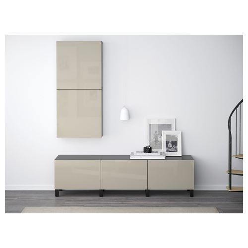 IKEA - BESTA, storage combination, black-brown/high-gloss/beige, 180x40x48 cm