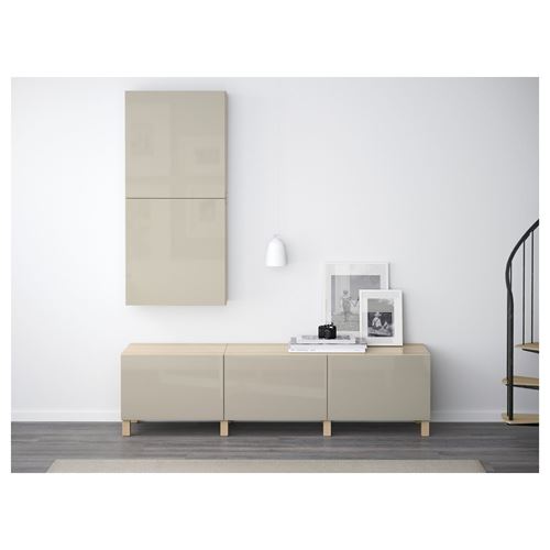 IKEA - BESTA, storage combination, white stained oak effect/high-gloss/beige, 180x40x48 cm