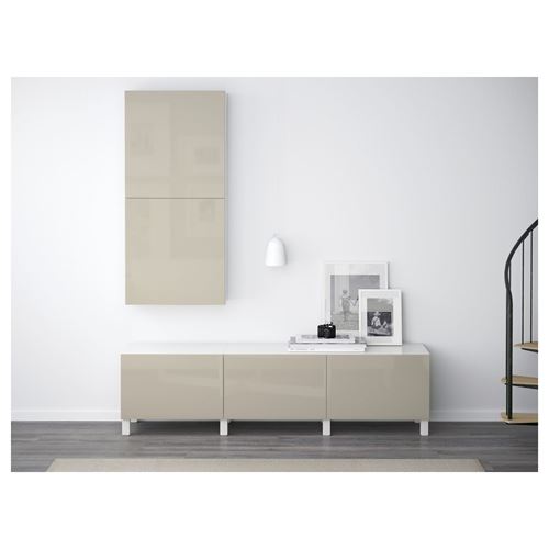 IKEA - BESTA, storage combination, white/high-gloss/beige, 180x40x48 cm