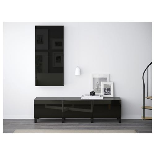 IKEA - BESTA, storage combination, black-brown/high-gloss/black, 180x40x48 cm