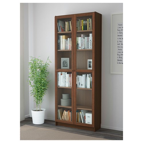 IKEA - BILLY, bookcase with glass door, brown ash veneer, 80x30x202 cm