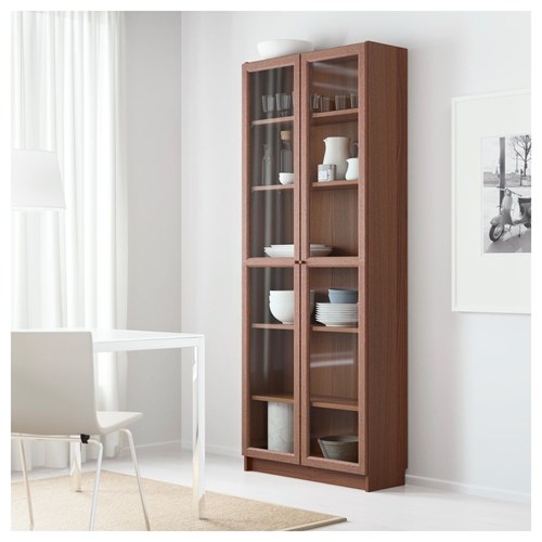 IKEA - BILLY, bookcase with glass door, brown ash veneer, 80x30x202 cm