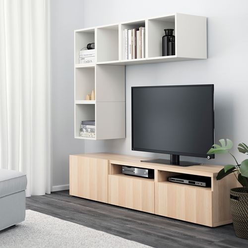 IKEA - BESTA/EKET, tv storage unit, white-white stained oak effect, 180x40x170 cm