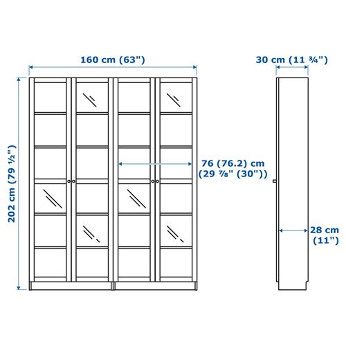 IKEA - BILLY, cam kapaklı kitaplık, koyu mavi, 160x30x202 cm