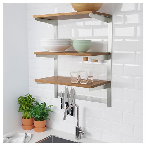 IKEA - KUNGSFORS, suspension rail with shelf/magnetic knife rack, stainless steel/ash