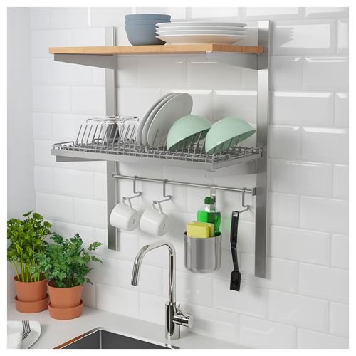 IKEA - KUNGSFORS, suspension rail with shelf/wall grid, stainless steel/ash