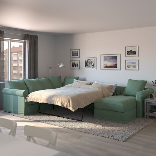 IKEA - GRÖNLID, 4'lü yataklı köşe kanepe ve uzanma koltuğu, ljungen açık yeşil