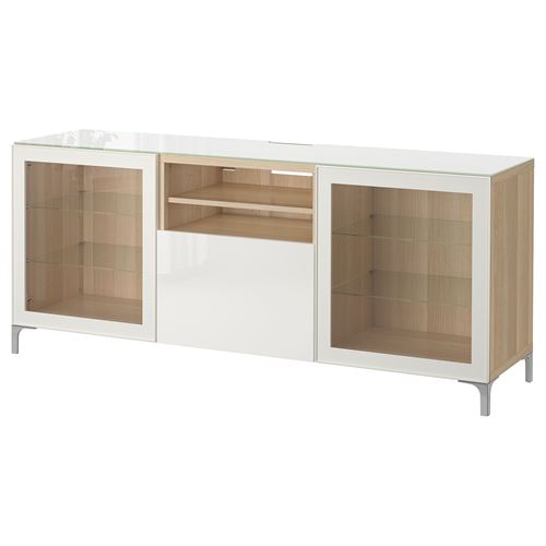 IKEA - BESTA, tv bench, white stained oak effect/high-gloss/white/clear glass, 180x40x74 cm