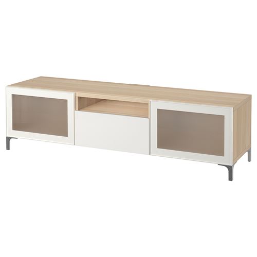 IKEA - BESTA, tv bench, white stained oak effect/high-gloss/white/frosted glass, 180x42x48 cm