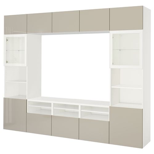 IKEA - BESTA, tv ünitesi, beyaz-parlak cila-bej-şeffaf cam, 300x42x231 cm